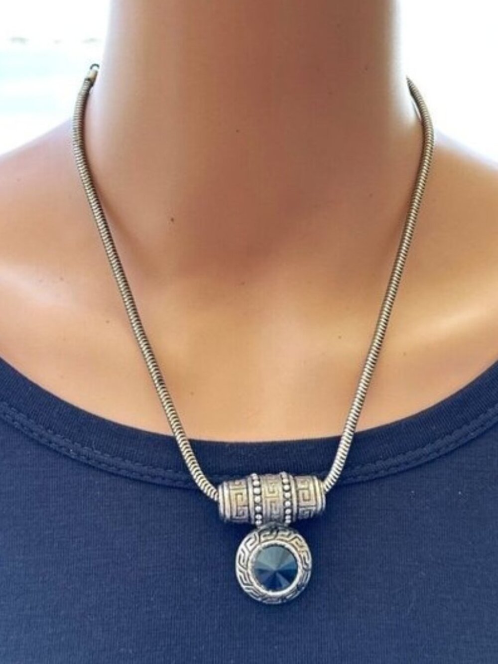 Pendant Necklace Antique Silver Tone Black Center 18 Inch Length